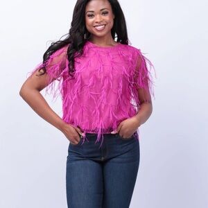 Bright Pink Feather-Trim Short Sleeve Top